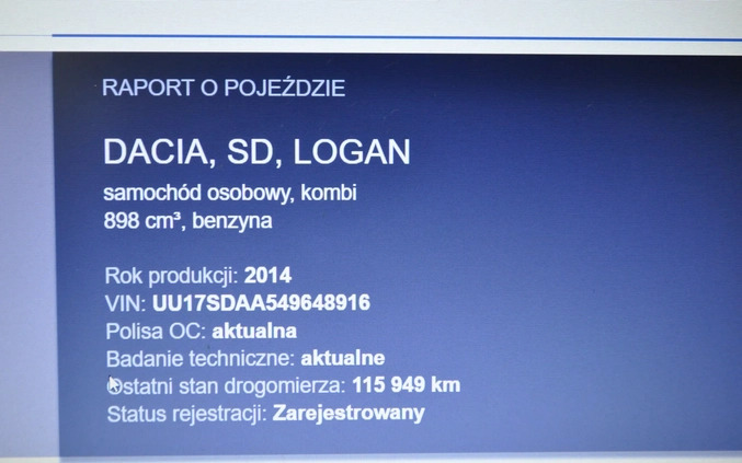 Dacia Logan cena 19900 przebieg: 115000, rok produkcji 2014 z Szczecin małe 596